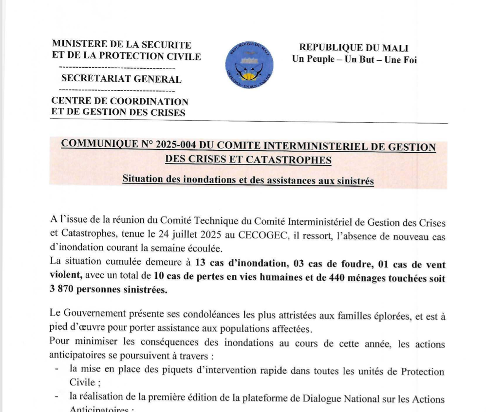  COMMUNIQUE N° 2025-004 DU COMITE INTERMINISTERIEL DE GESTION DES CRISES ET CATASTROPHES - Situation des inondations et des assistances aux sinistrés