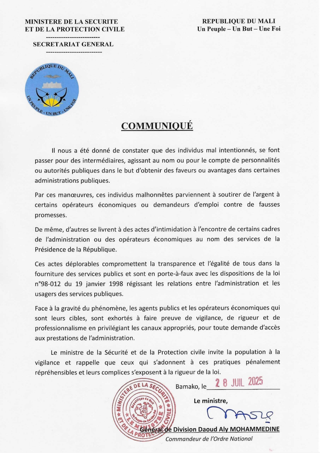  Communiqué du Ministre de la Sécurité et de la Protection Civile à propos du trafic d'influence visant les usagers des Administrations d'Etat et les Opérateurs économiques
