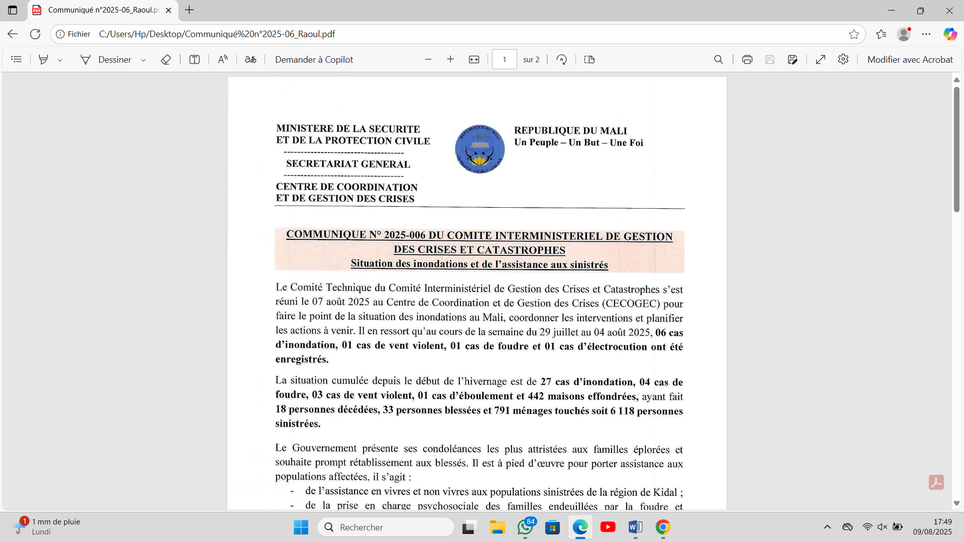  Communiqué N°2025-006 du Comité Interministériel de Gestion des Crises et Catastrophes  - Situation des inondations et de l'assistance aux sinistrés