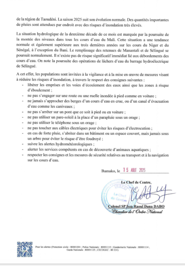  COMMUNIQUE N° 2025-007 DU COMITE INTERMINISTERIEL DE GESTION DES CRISES ET CATASTROPHES - Situation des inondations et de l’assistance aux sinistrés